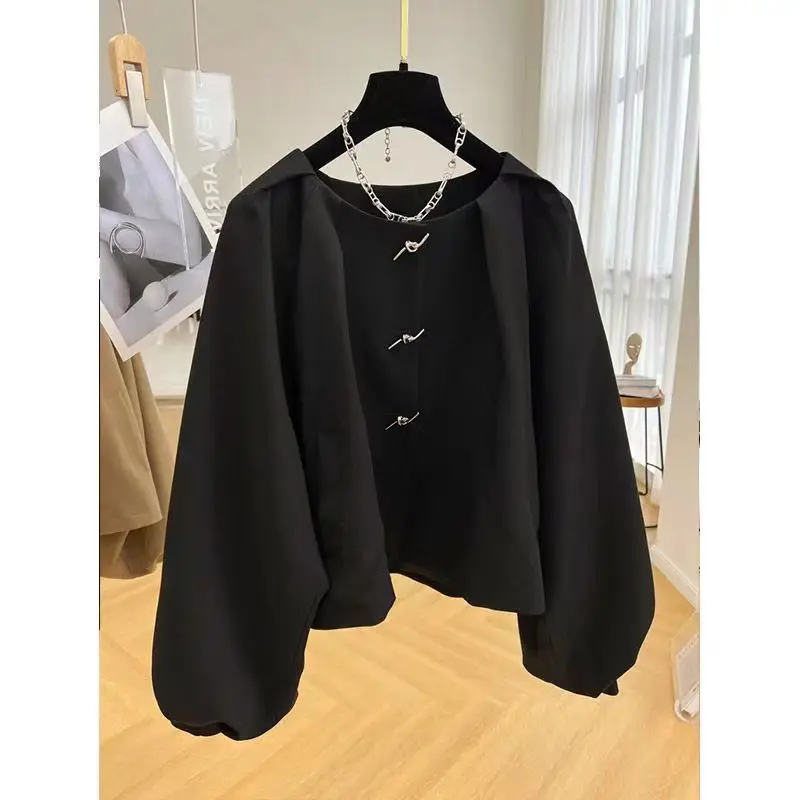 

2024 Spring Autumn New Short Women's Windbreaker Jacket Round Neck Lantern Sleeves Commuter Top
