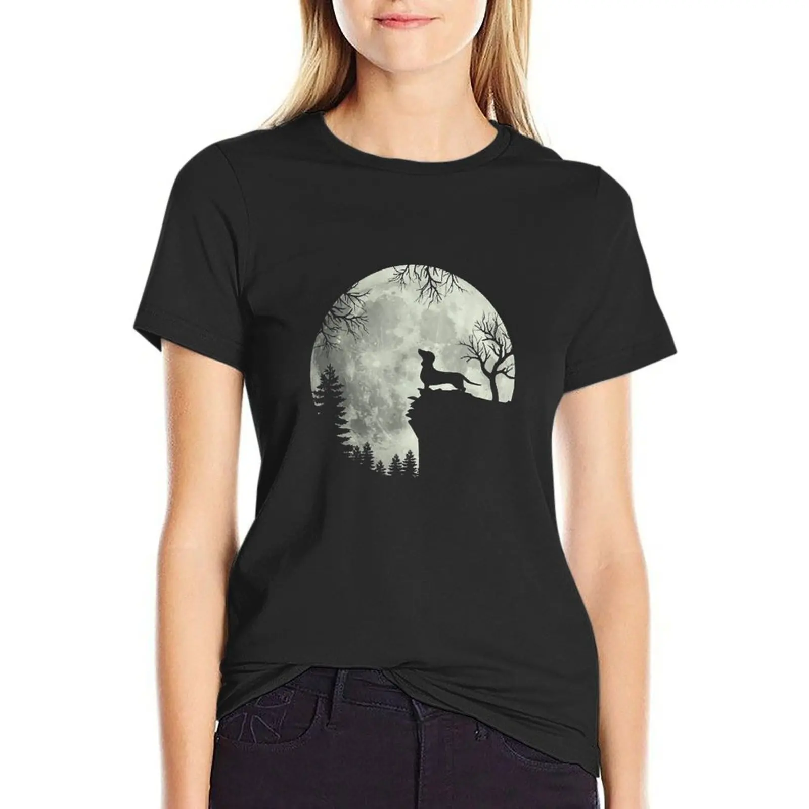 Dachshund And Moon Halloween T-Shirt customs tops hippie clothes Female clothing woman t shirt