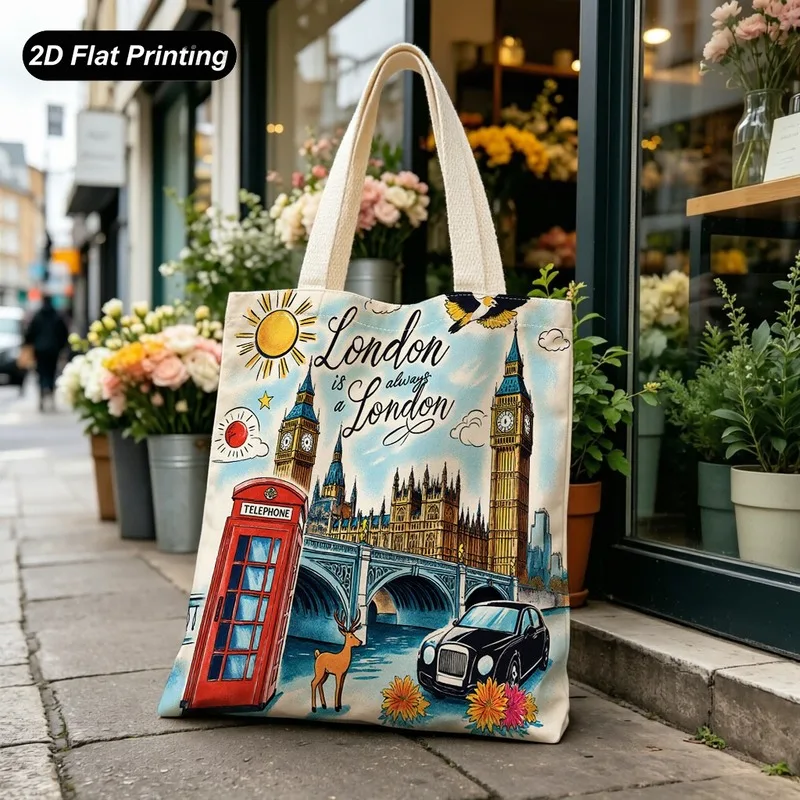1PC【Tote Bag】Chic London-Style Printed Tote - Large Capacity for Shopping, Travel, and Daily Commute