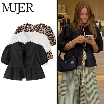 MUJER Ruffle Blouses Woman Puff Sleeve Shirts and Blouses for Women White Black Ruched Crop Top Female Ruched Women's Blouse 1