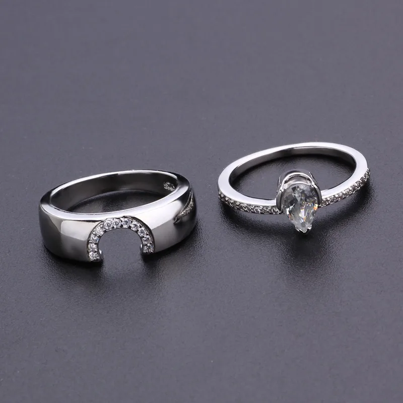 Exquisite Frauen Silber Farbe Wasser tropfen Metall eingelegt weiß runde Zicron Steine Ring Set Hochzeit Verlobung ringe Schmuck
