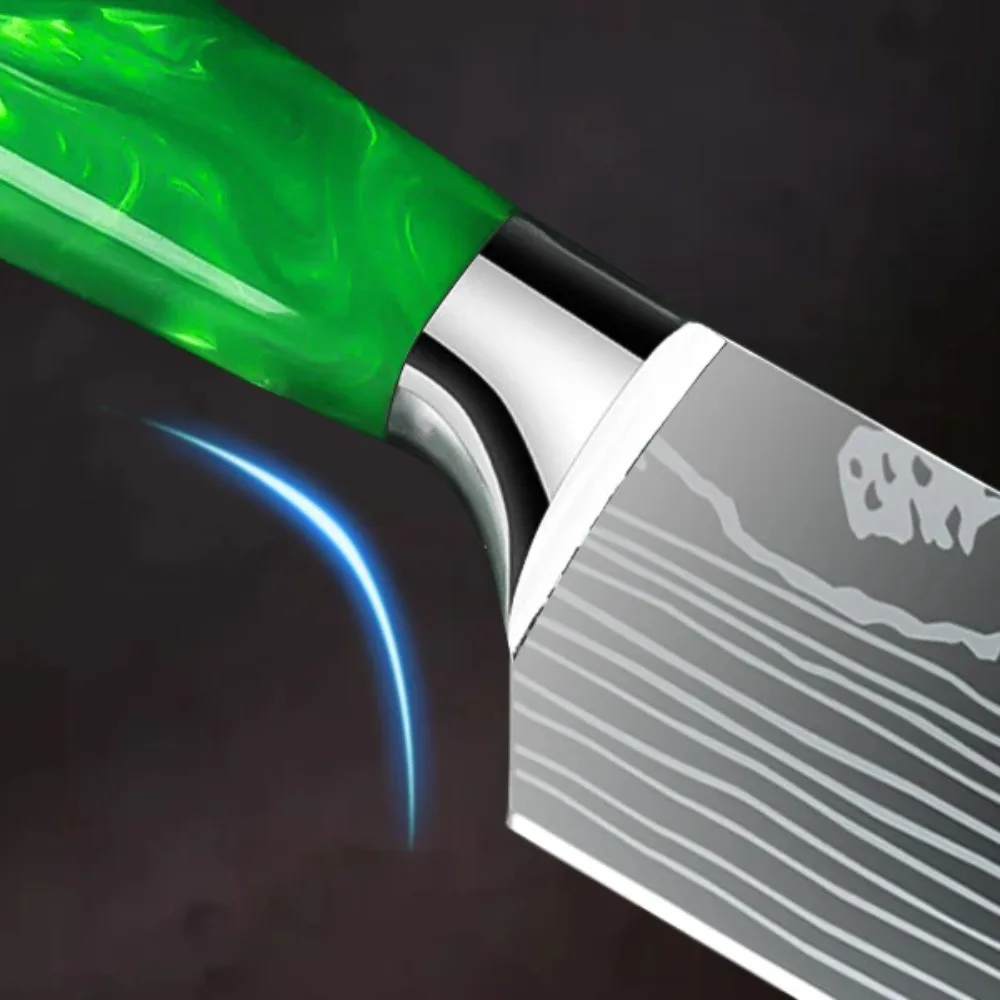 ZENG 8-teiliges Professionelles Küchenmesser-Set aus Hochkarbon-Stahl mit Damastmuster und Grünem Kunstharzgriff, Kochmesser mit Geschenkbox – Detail 7