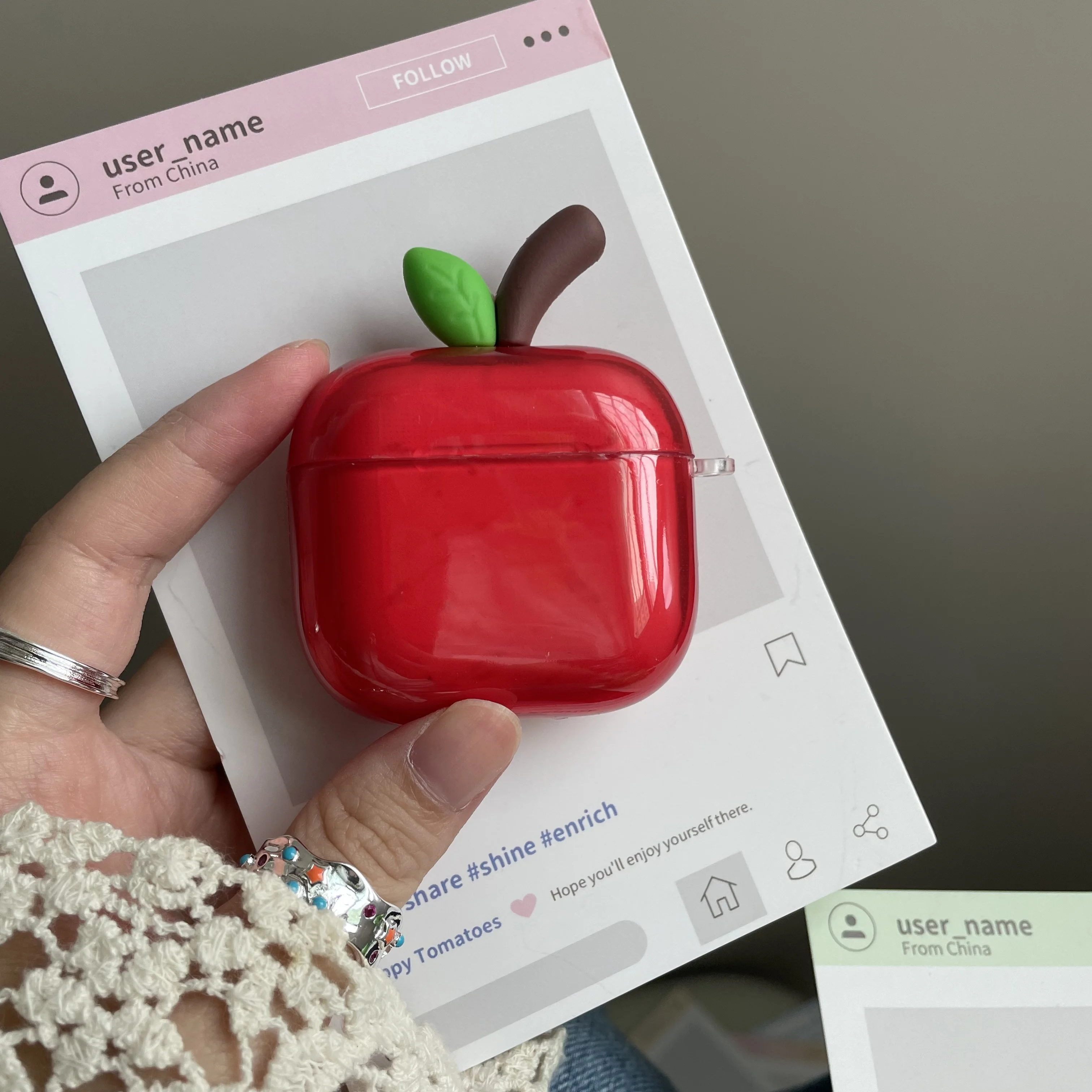 Translucent Red Green Apple Earphone Case with Cute Pendant