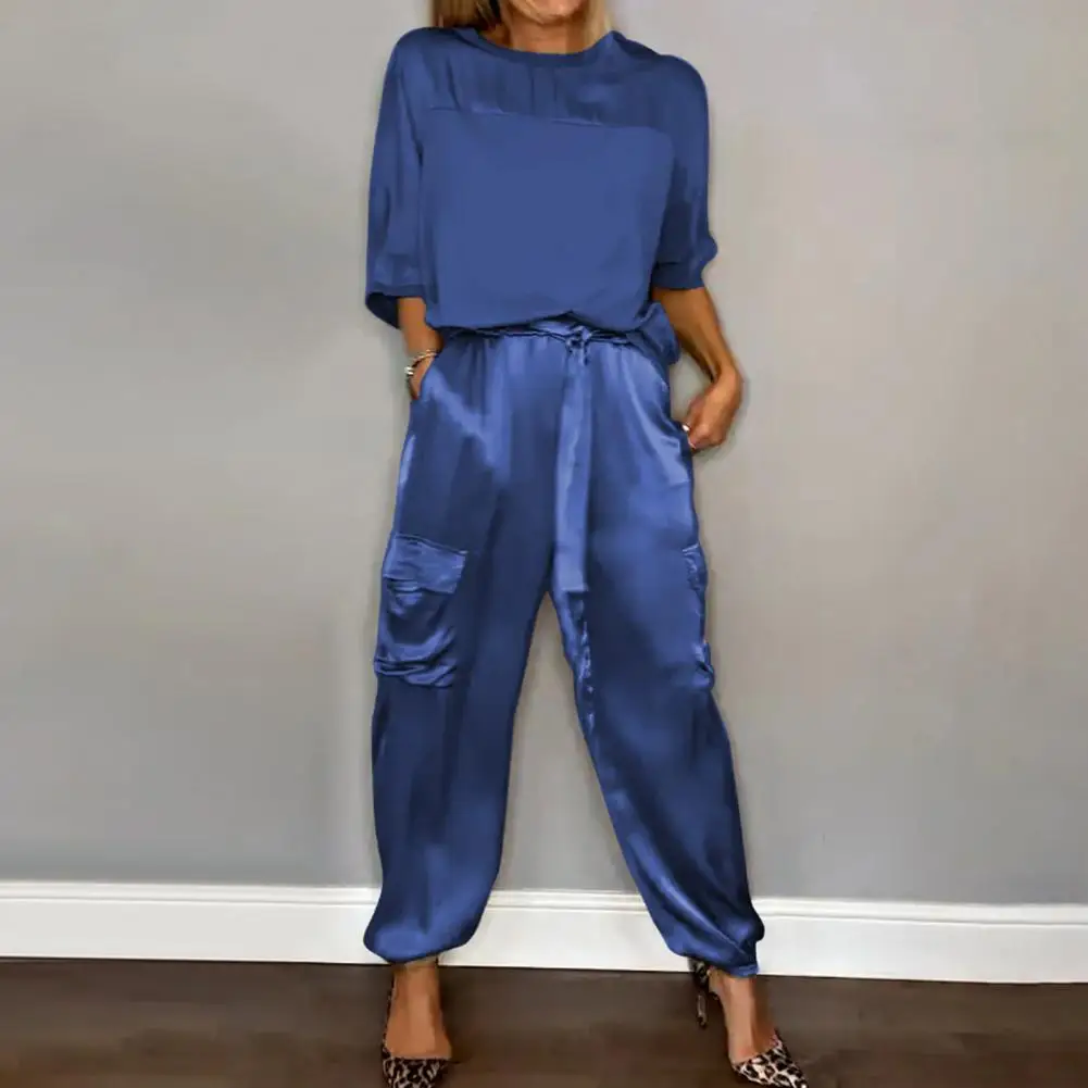 Costum Elegant Satin femei Top pantaloni Set cu Lace-up talie buzunare trei sferturi mâneci 1