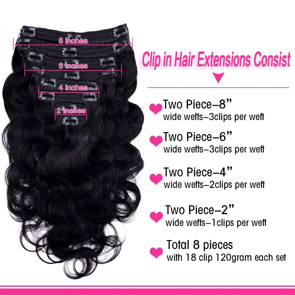 Body Wave Clip In Human Hair Extensions 120g/set Clips In Extension Full Head Brazilian Clip on Hair Extension for Women 1B# hair extensions