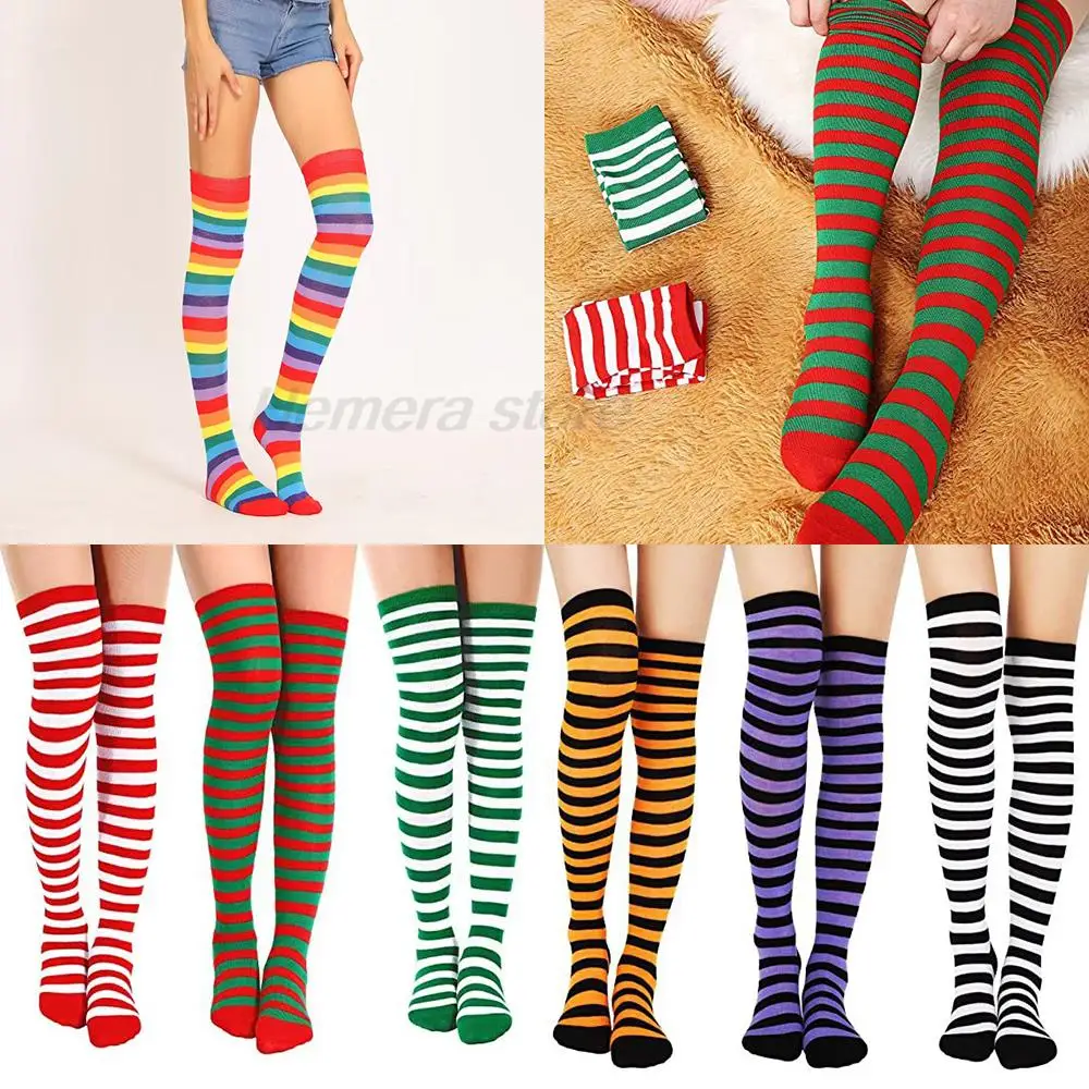 

Women Sexy Stockings Cosplay Halloween Party Masquerade Xmas Colorful Striped Socks Girls Overknee Stockings