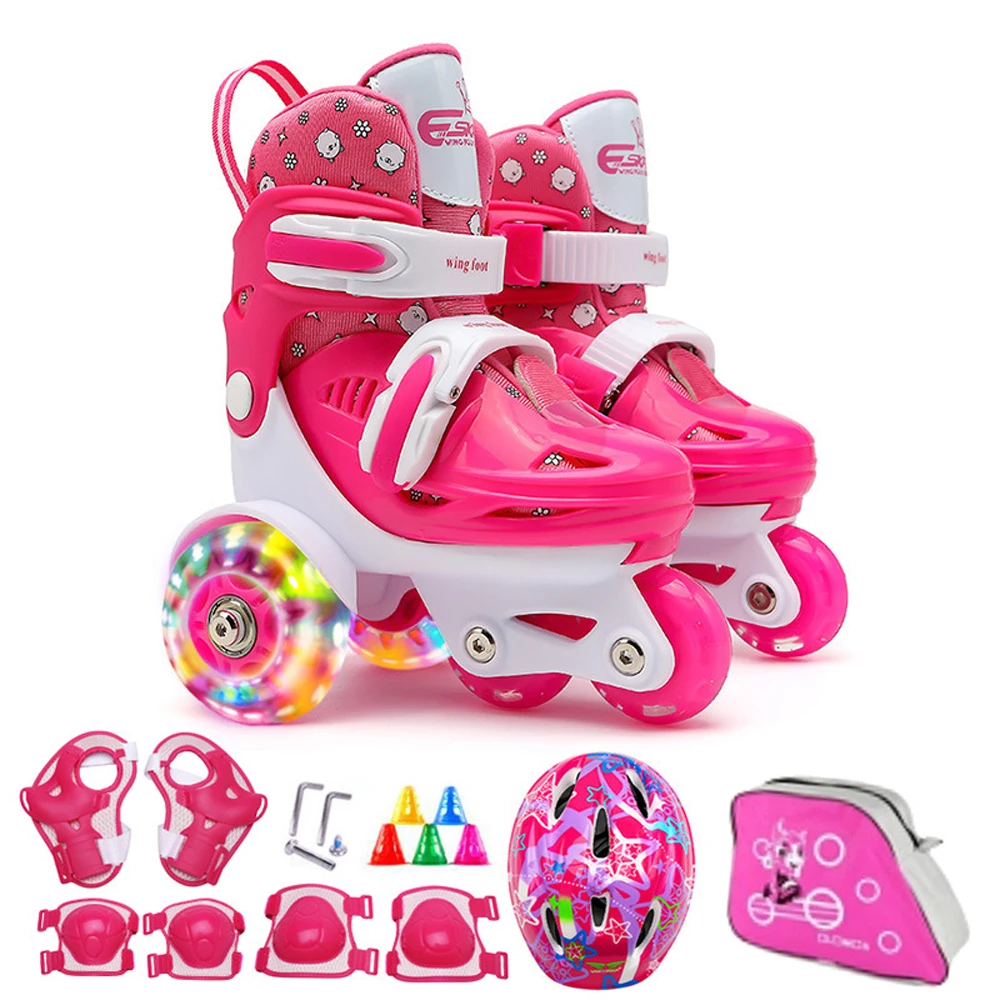 Flash Skating Shoes Kids Beginner Roller Skating Shoes Set Children Skates with Kneepad Elbow Pads Helmet Roadblock Backpack roller skating shoes set