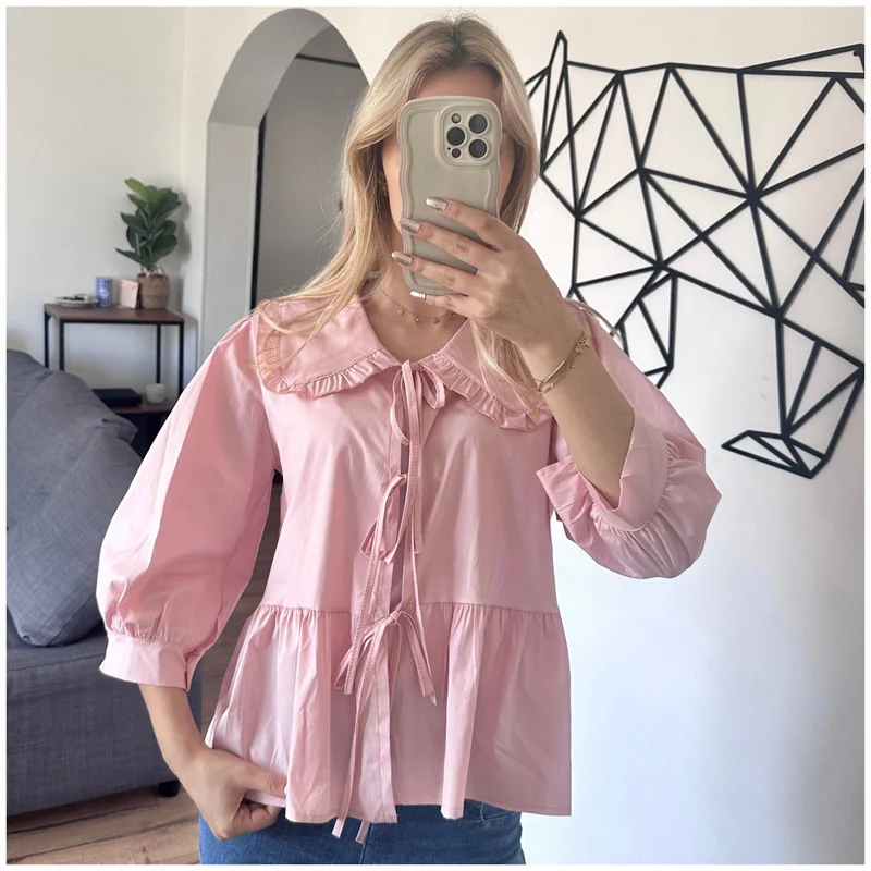 Babydoll Tops y2k Clothing Women Summer Ruffled Collar Lace Up 3/4 Sleeve Loose Blouses Shirts 2000s Clothes Streetwear
