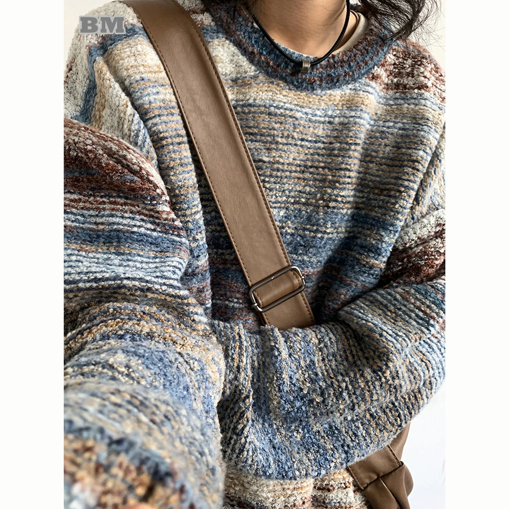 

Winter Korean Fashion Sweater For Men Women Clothing Streetwear Stripe Contrast Pullovers Kpop Couple Oversize Knitwear Coat