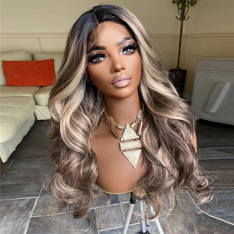 Balayage Human Synthetic Wig Brown Lace Front Wig with Honey Blonde Highlights 26" Long Wavy Women Wigs Dark Roots Preplucked