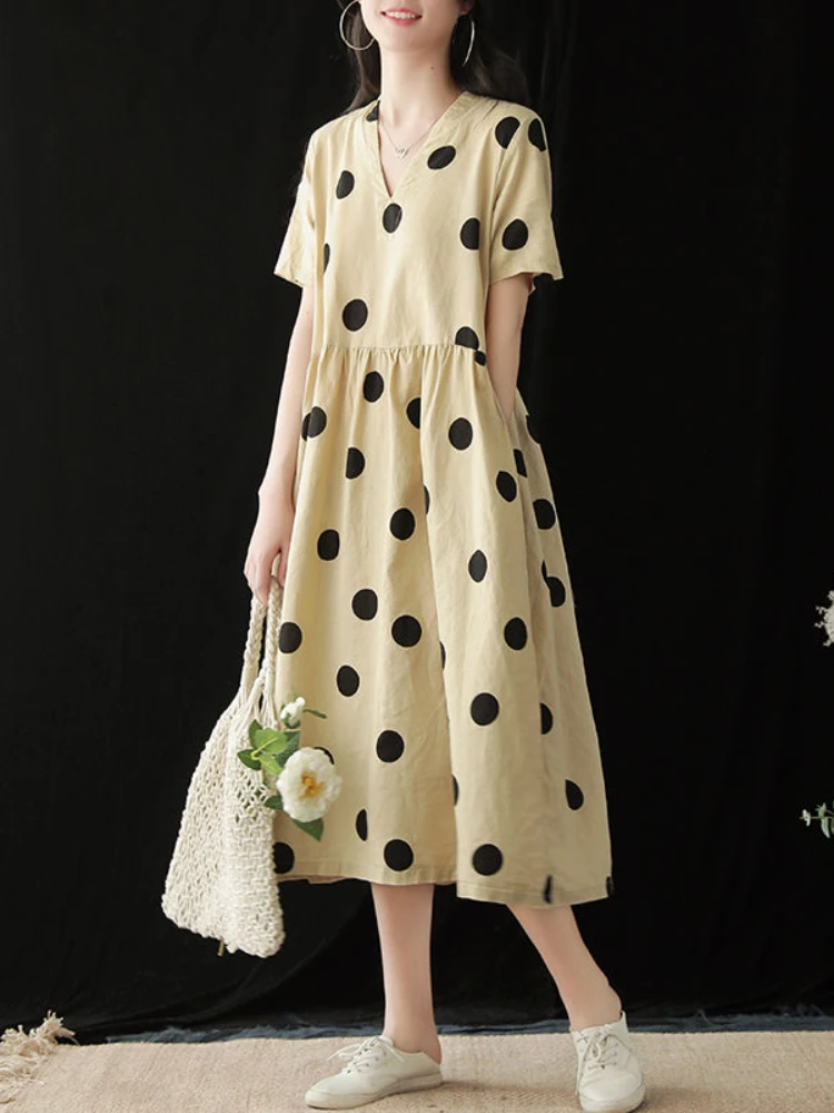 

2024 Women Summer New Fashion Polka Dot Print Dress Female Long Cotton Linen Dresses Ladies Short Sleeve V-neck Vestidos