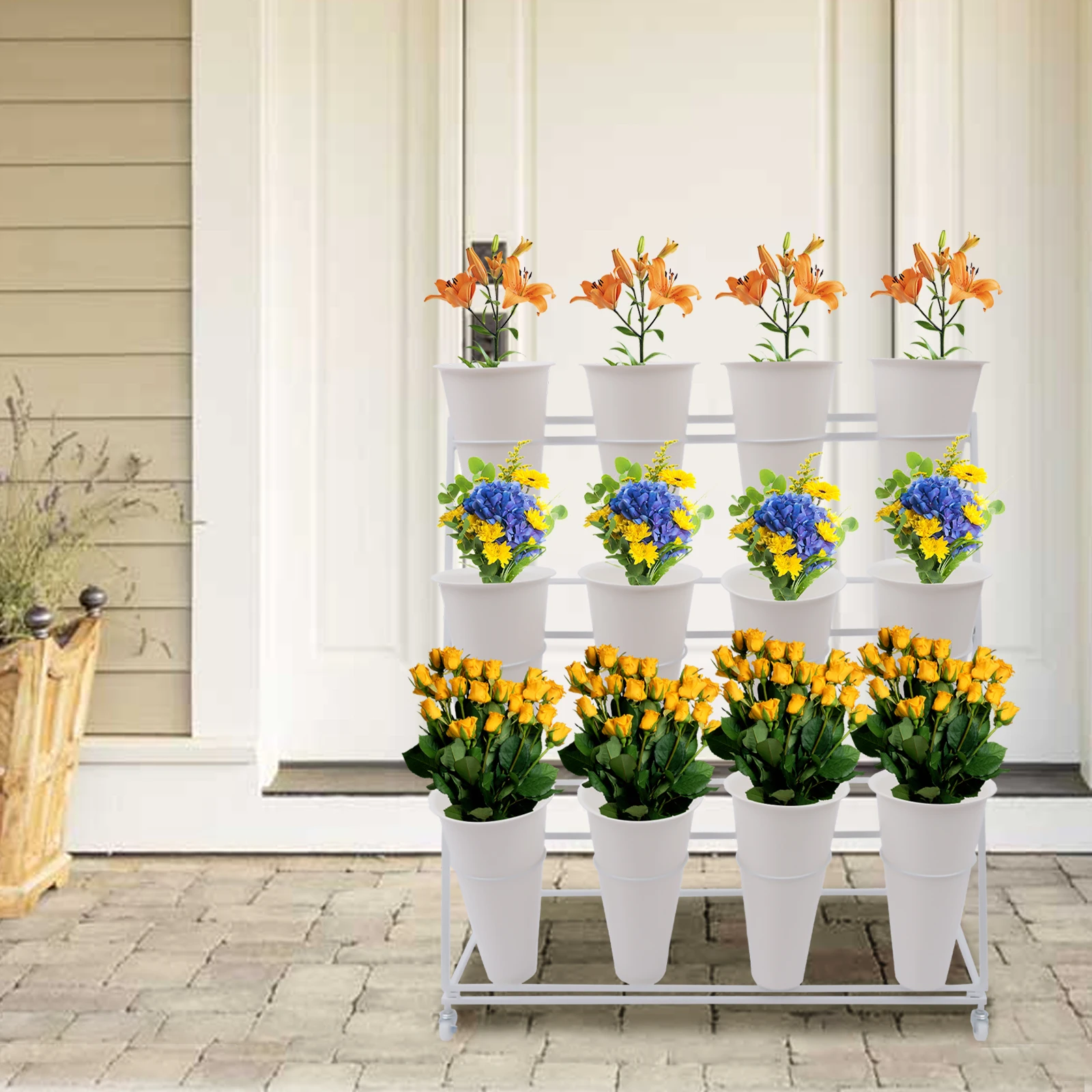 

3 Layers Metal Plant Stand with Wheels Modern Plant Shelf with Flower Bucket Indoor Outdoor Flower Display Stand Flower Rack