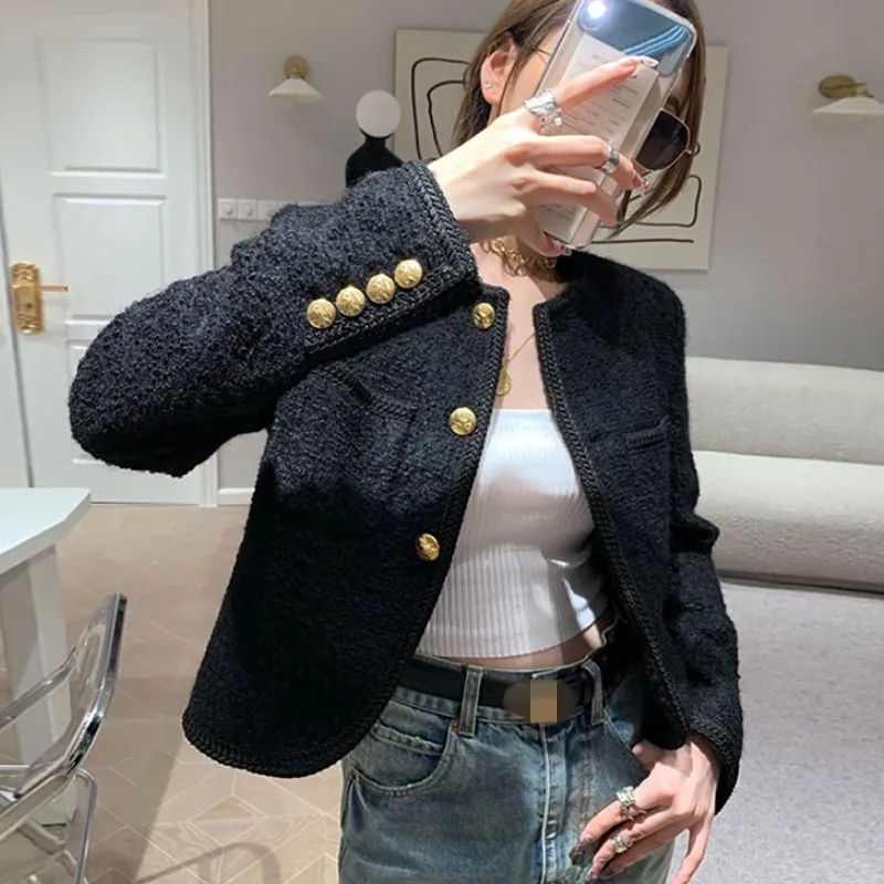 

Женская твидовая куртка с длинным рукавом, с золотистыми пуговицами