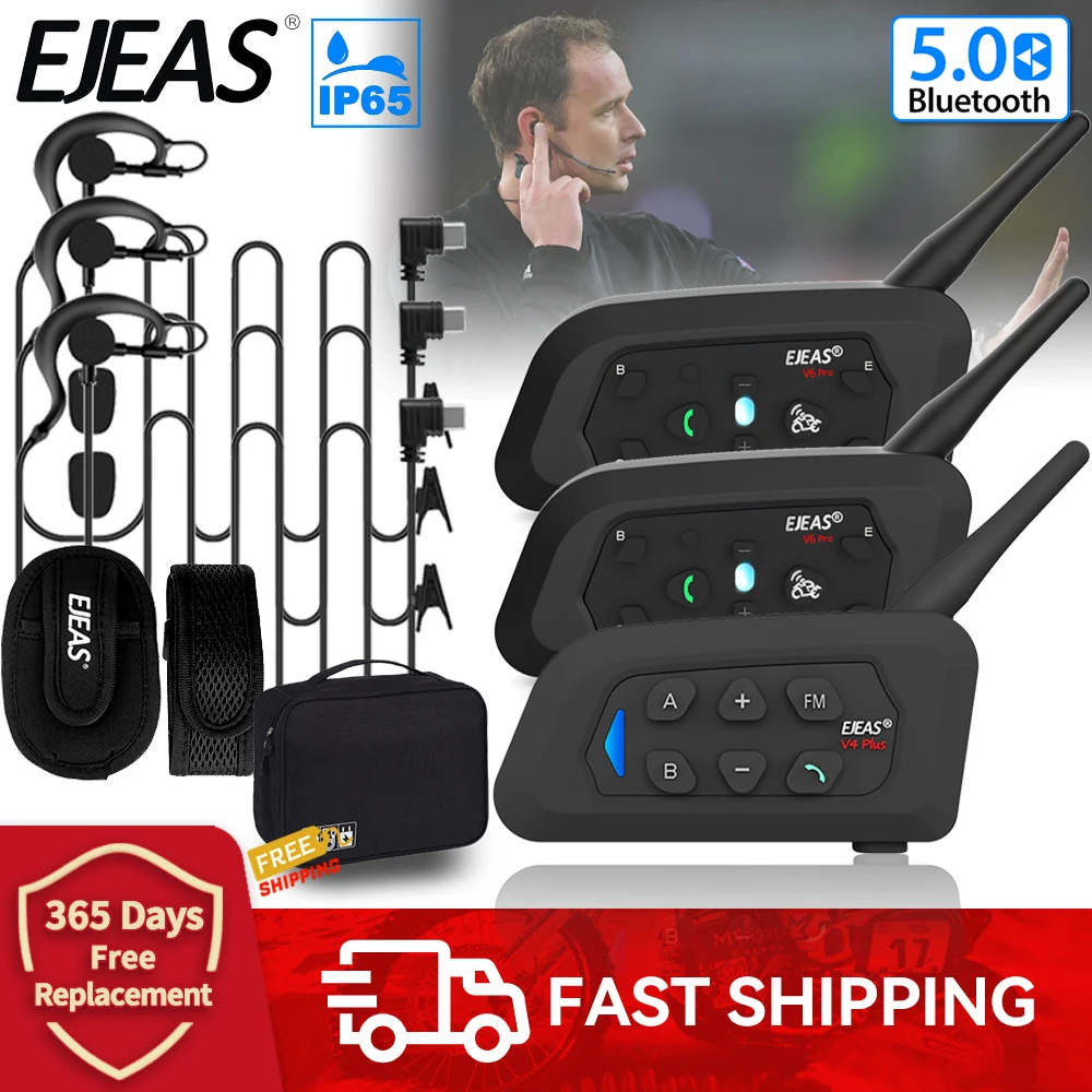 

2PCS EJEAS V6C PRO V4C PLUS 3 Users Referee Intercom Headset 1200M Full Duplex Bluetooth Headphone Soccer Conference Interphone