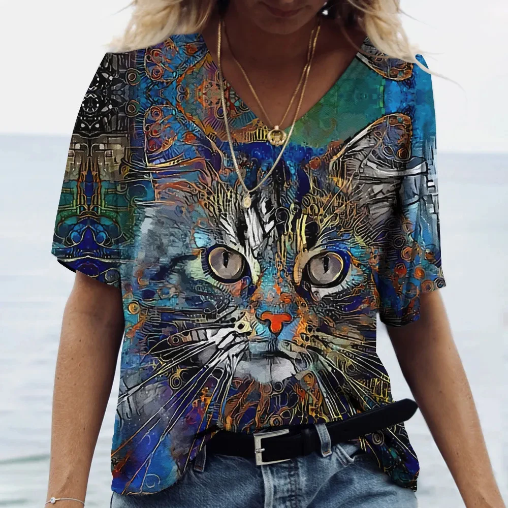 

2024 Refreshing Summer Fashion Women's Clothing Animal Cat Pattern T-Shirt 3d Printed V-Neck Sports Casual Short Sleeved Cartoon