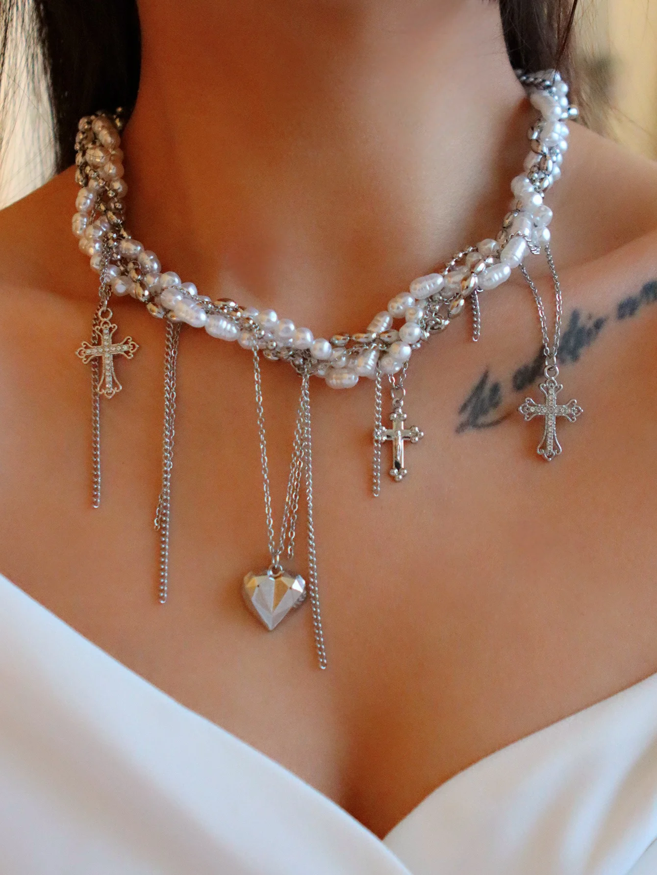 Hip hop stainless steel tassel chain love cross charm punk womens necklace