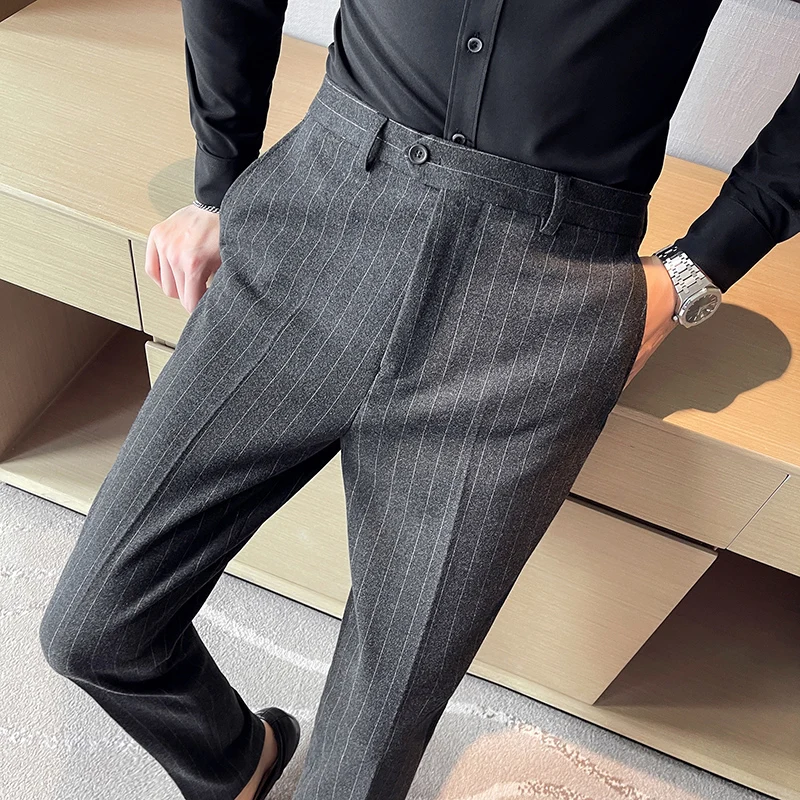 2023 Autumn Winter Men Striped Dress Pants Woolen Warm Business Formal  Social Suit Pants male Casual Slim Fit Cigarette Trousers - AliExpress