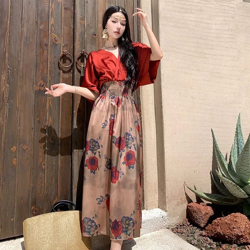 

Graceful Women Stylish Holiday Dress Rose Flower Boho Summer Party Long Dress Luxury Designer French Grunge Beach Clothing Y2K