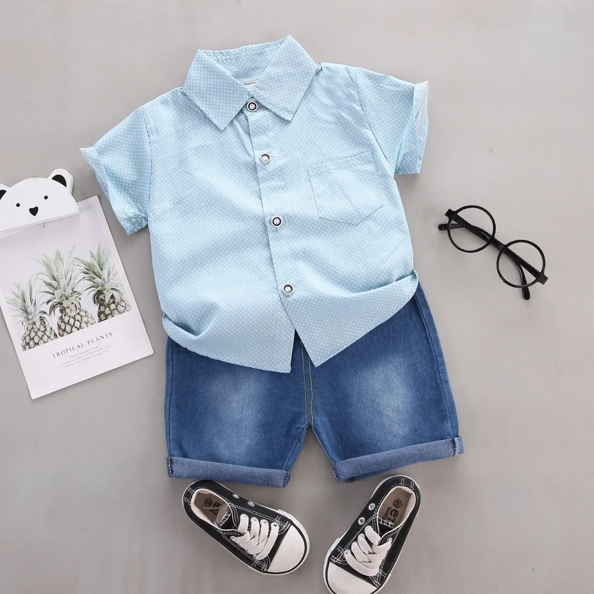 

Summer Fashion Boys Suit Solid Color Lapel Shirt Short Sleeve Shorts Baby Clothing 2 Piece Set