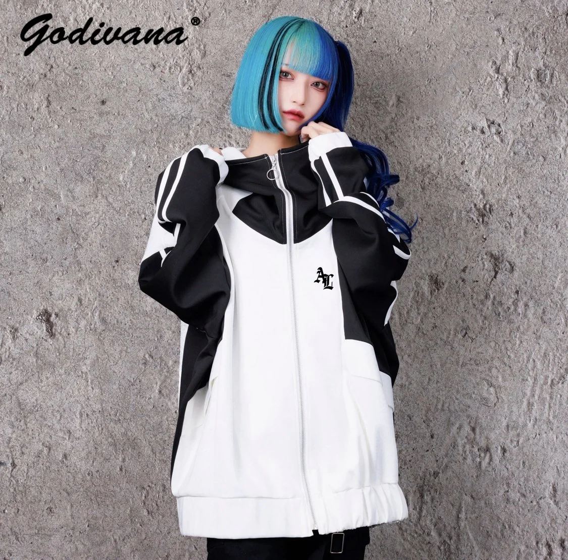 Japanese Harajuku Punk Style Mine Sportswear Oversized Hoodie Coat Y2k Hooded Color Matching Spring and Autumn Zipper Jacket
