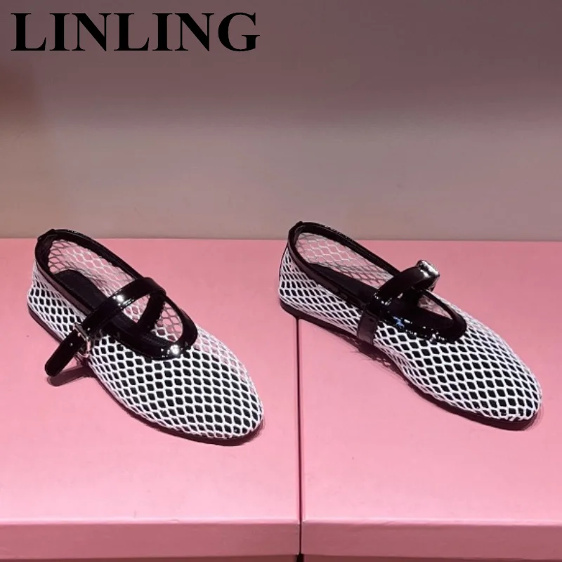

Brand Designer Crystal Flat Shoes Mesh Hollow Out Gladiator Ballet Casual Shoes Buckle Strap Women Genuine Leather Shoes 2023