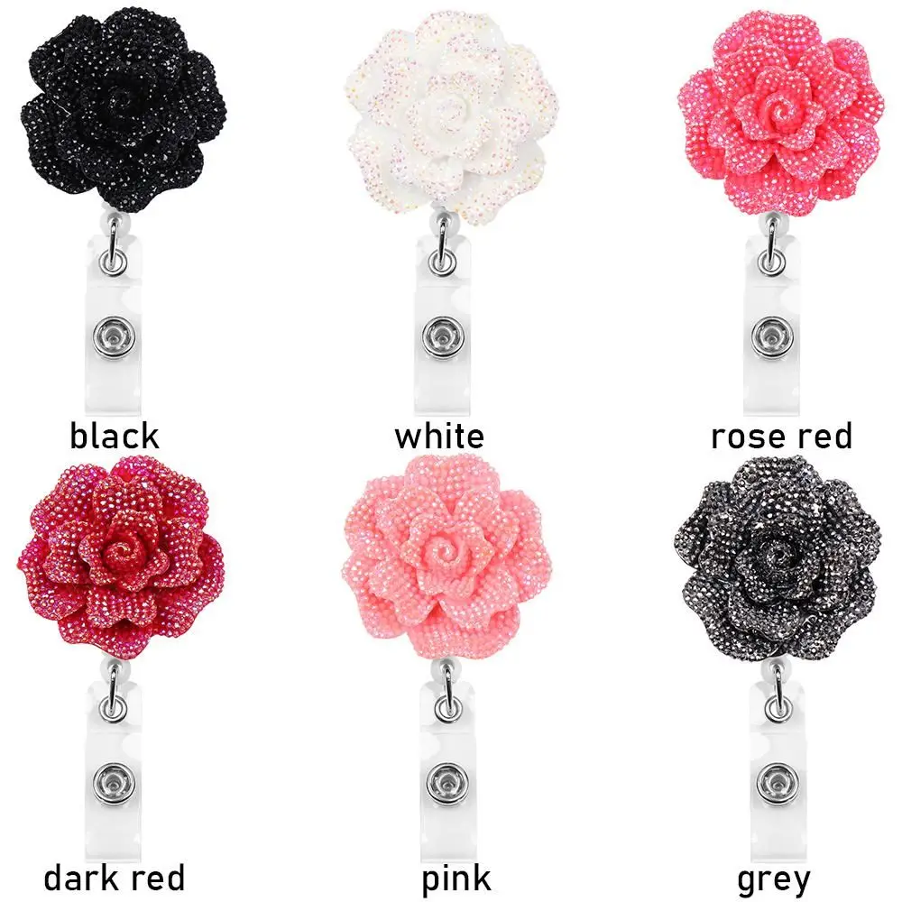 Elegant Floral Rose Badge Reel: Retractable ID Holder & Keychain Lanyard