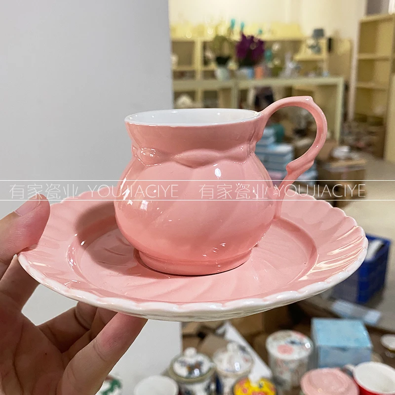 

Girly heart pink three color espresso cup and saucer set cute bucket waist coffee cup afternoon tea cup