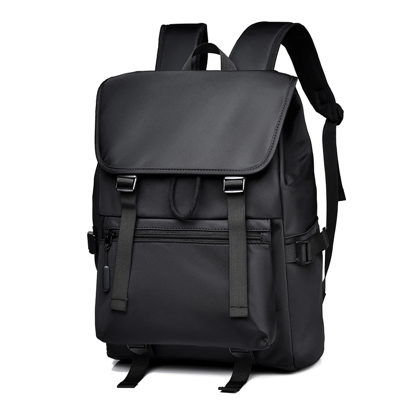 Men's Stylish Black Backpack Large Capacity Casual Rucksack Durable Shoulder Bag with Buckle Details