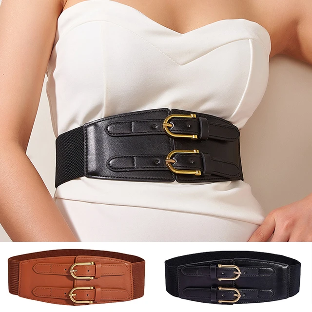 Real Leather Waist Belt Elastic Stretch Wide Waistband Gold Double