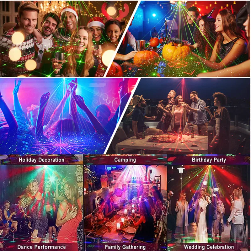 Luce da discoteca per DJ con motivi e proiezione laser attivata dal suono, cavo USB, luce stroboscopica a LED per palcoscenico che si sincronizza con la musica, luce per feste di Natale/karaoke domestico/danza/bar/discoteca. - immagine 6