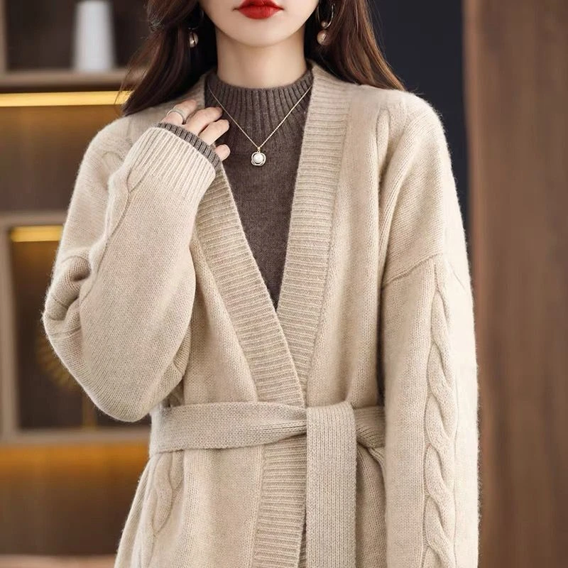 100% Pure Wool Cardigan Women's Sweater Thickened Medium And Long V-Neck Knitted Lace-Up Coat Loose Lazy Belt