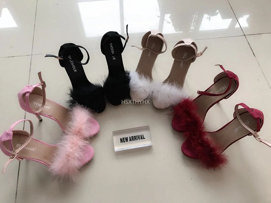 2022 Ladies Sandals Feather Super High Heel Sandals Open Toe Ladies Slippers Banquet Wedding Party Shoes Ladies Large Size 43