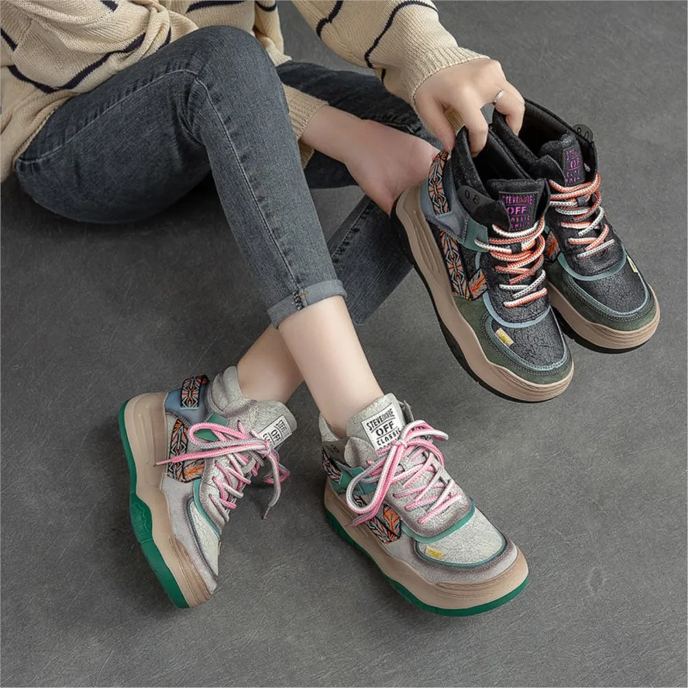

YourSeason Genuine Leather Lace-up Flats Female Shoes Mixed Colors 2023 New Women Vintage Leisure Comfortable Platform Sneakers