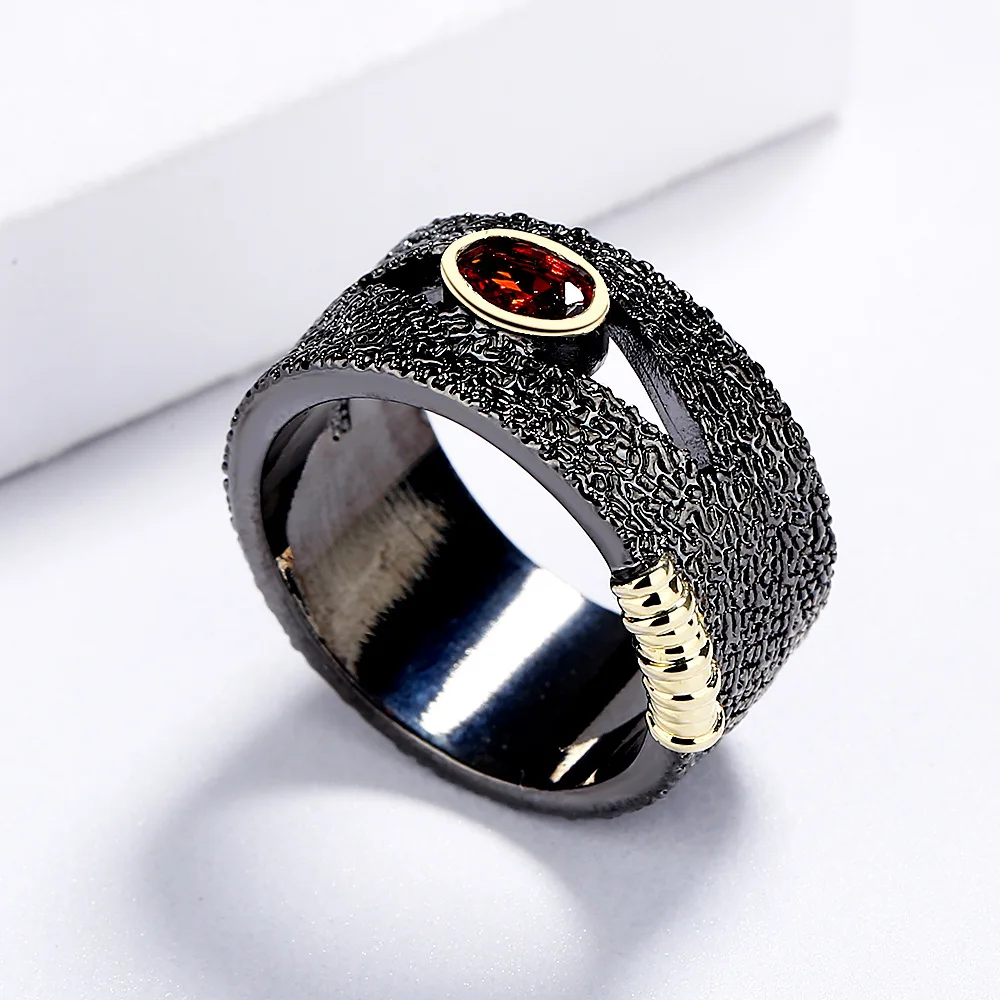 925 Silver Black Gold Ring Inlaid Red Zircon Ring Party Jewelry Women's Engagement Silver Rings Silver Ring Gold Plated Silver Ring