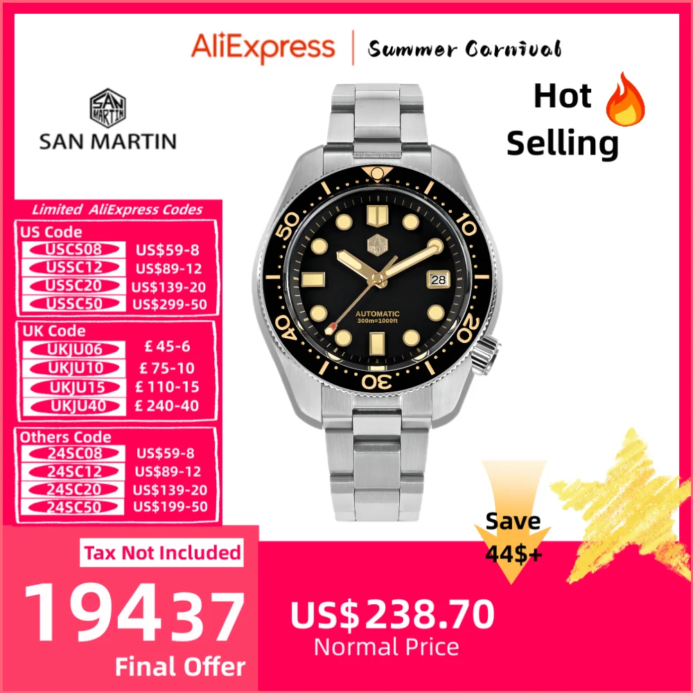 San Martin 남성용 기계식 빈티지 시계, 블랙 터틀 NH35, MM300, 사파이어 날짜 창, 금박 다이얼, 30Bar, Reloj Hombre, SN0087, 44mm