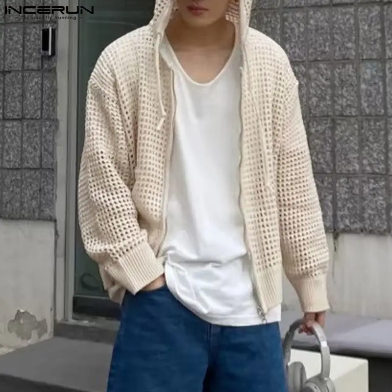 

Топы INCERUN 2023, мужской модный свитер с капюшоном в Корейском стиле, стильный кардиган, свитшоты с длинным рукавом