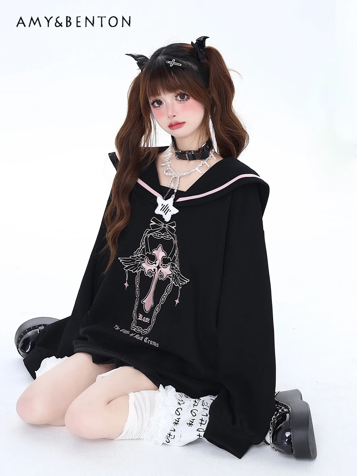 Original Sailor Collar Cartoon Print Goth Two-Dimensional