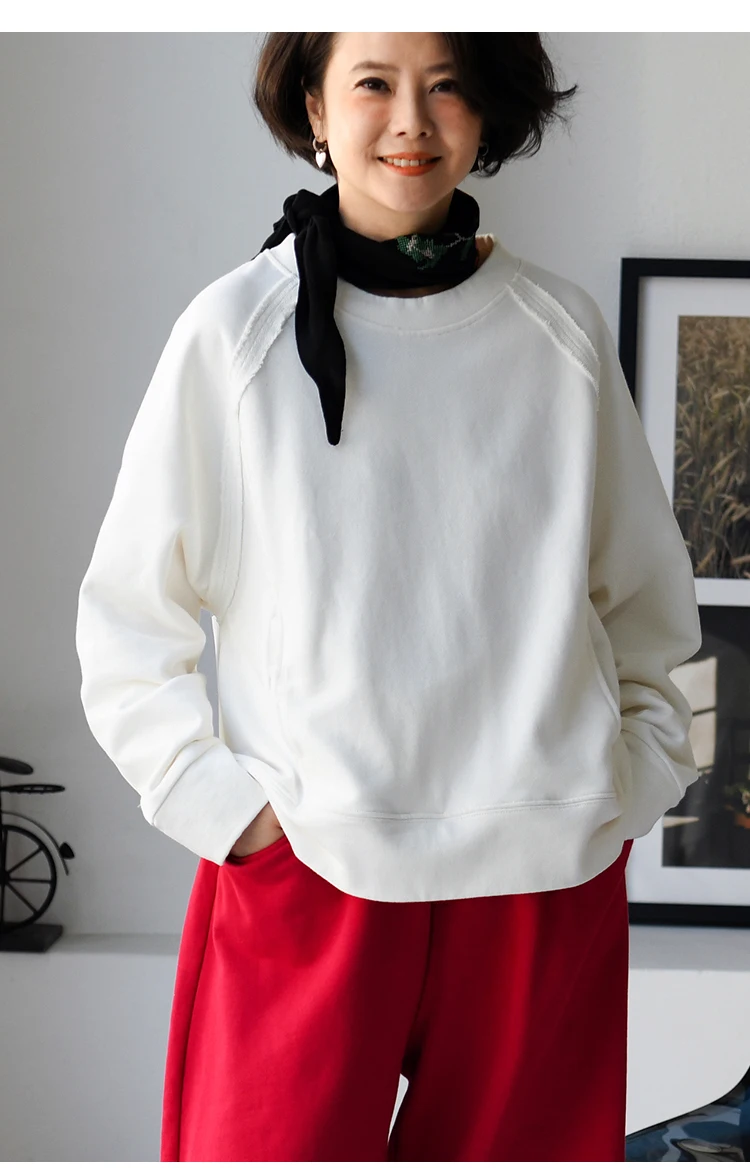 R67261 Korean Style Versatile Outer-Stitched Round Neck Raglan Sleeve Slimming Pure Cotton Pullover Sweatshirt for Women 25 Spring