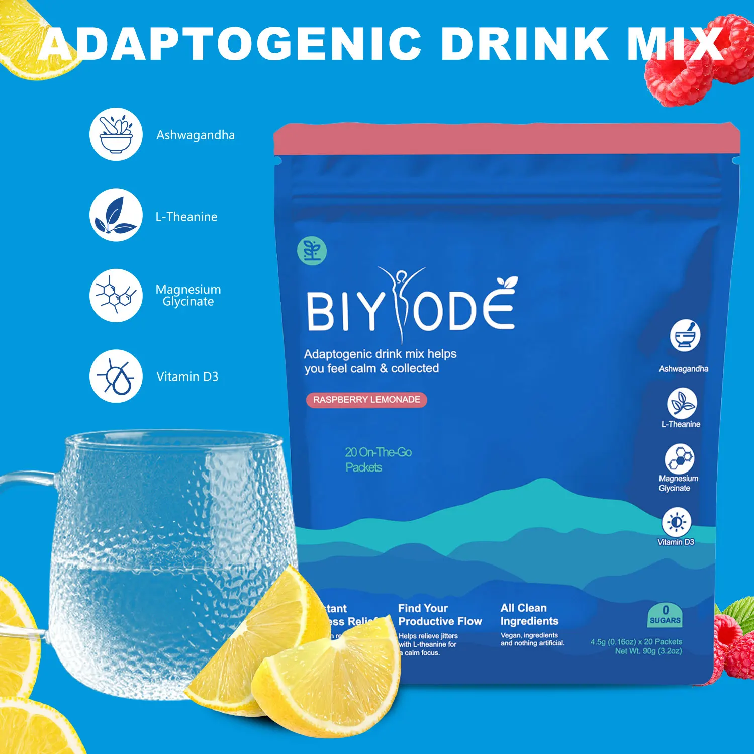 Supercalm Powdered Drink Mix, L-Theanine, Ashwagandha, Magnesium Glycinate, Anti-Stress Drink Mix Powder, Supplements for Relax