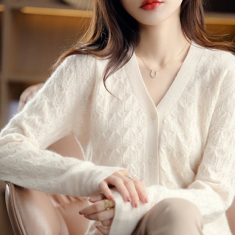 

Spring and Autumn 100% Wool Sweater Women Long Sleeves Fashion New Korean Ladies Tops Solid Button Female Cardigan