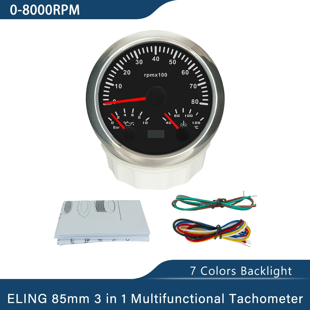 Marine 85mm 3 in 1 Multifunctional 4000RPM 6000RPM 0-8000RPM Tachometer with Oil Pressure Water Temp 7 Colors Backlight 12V 24V