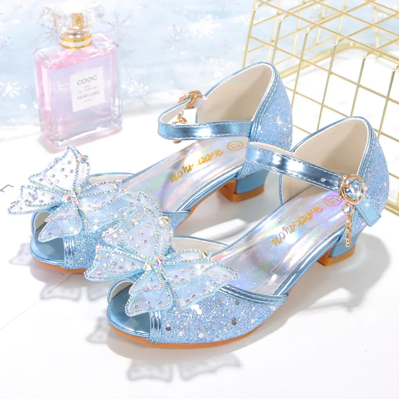 

Children Princess Sandals Kids Girls Wedding Shoes High Heels Dress Shoes Bowtie Rhinestone Gold Pink Blue Silver Shoes For Girl