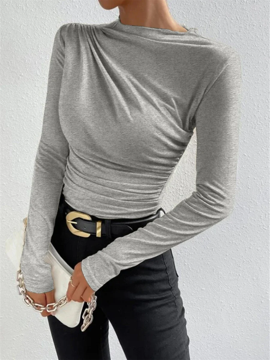 Bornladies Solid Color Slim Fit T-shirt Female Versatile Pleated Chic Long Sleeves Women's Fashion Top Autumn Winter Base Shirt