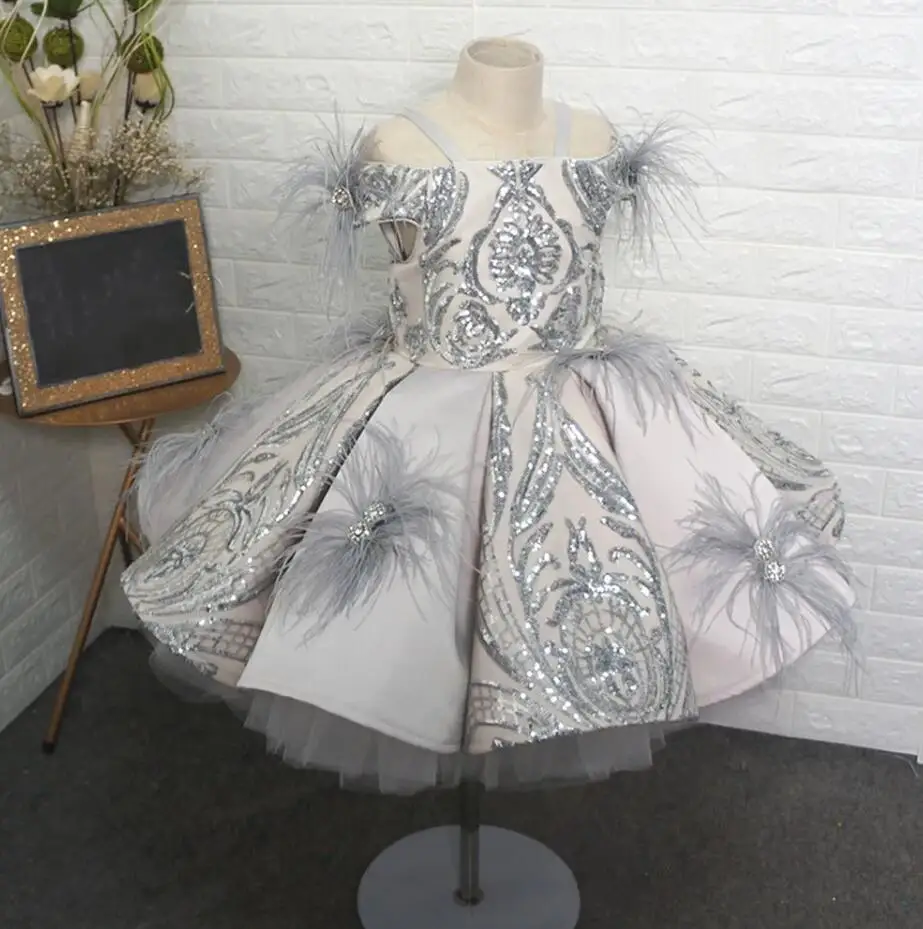 

Grey Real Flower Girl Dress Glitter Sequins Solid Satin Feather Sleeve Baby Girl Birthday Dress Christmas Gown First Communion