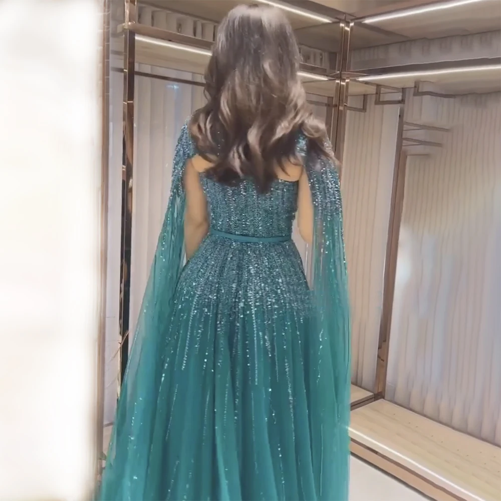 Serene Hill Arabic Green Cape Sleeves A Line Beaded Evening Dresses Long 2023 Celebrity Gowns For Woman Wedding Party LA71912