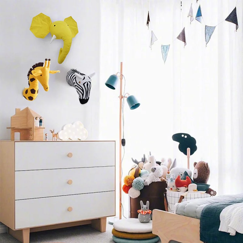 Baby Nursery 3D Animal Head Wall Mount Kawaii Stuffed Elephant/Giraffe/Zebra  Hanging Toys Kids Room   Sculptures 3