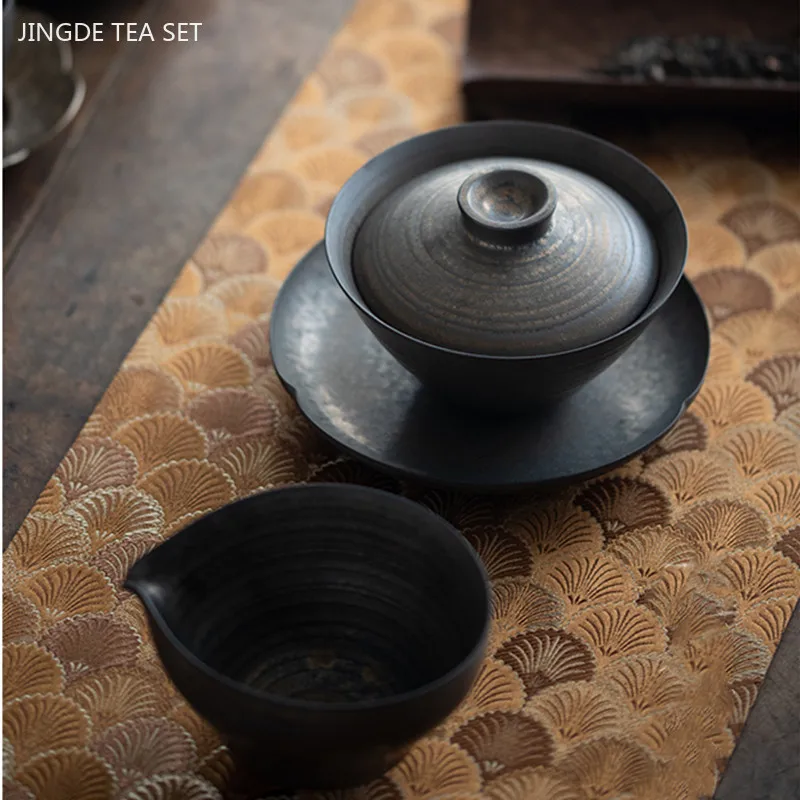 140ml Retro Coarse Pottery Cover Bowl Teacup Tradition Handmade Gaiwan Household Beauty Tea Bowl Chinese Ceramic Tea Infuser