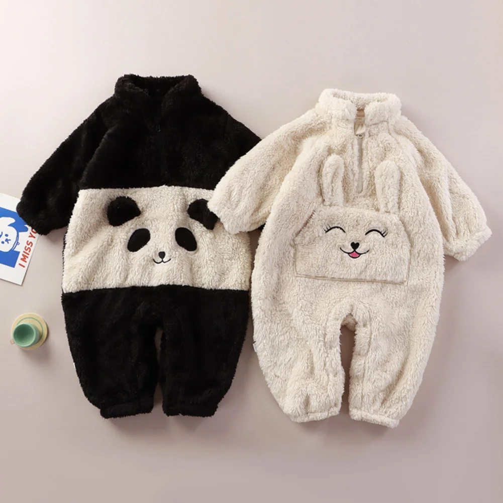 

Baby Clothes Solid Fleece Warm Cartoon Panda Decor Rompers Newborn Infant Long Sleeve Jumpsuit Baby Sleepwear Kid Playsuit 0-24M