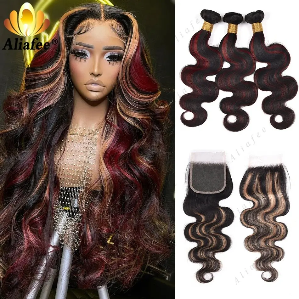 Highlights Red Blonde Colored Brazilian Hair Bundles With 5X5 Lace Closure Remy Body Wave Human Hair Bundles With 4x4 Closure