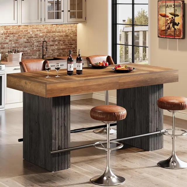62.2 Inch Bar Table, Industrial Counter Height Pub Dining Table, Rectangular Home Bar Units with Metal Footrest for, Customized